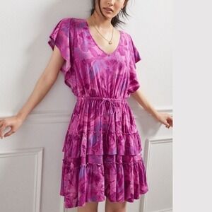 Daily Practice Anthropologie Tiered Ruffle Mini Dress Purple Floral V Neck XS x2